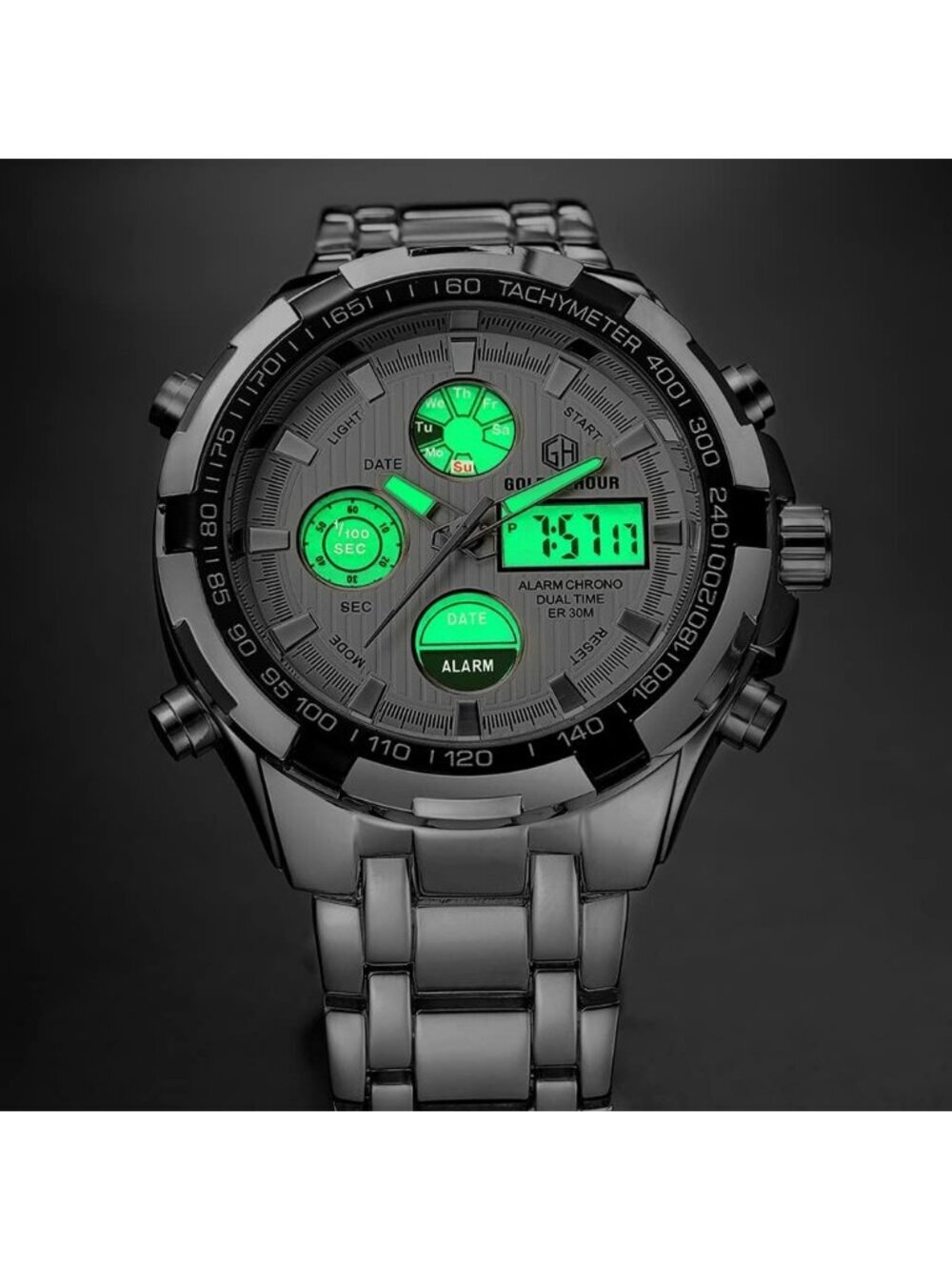 Mens Silver Stainless Steel Analog Digital Outdoor Sport Waterproof Luxury Watch - Picture 5 of 6